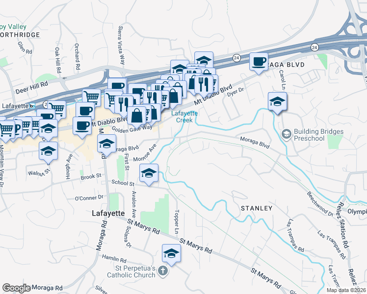 map of restaurants, bars, coffee shops, grocery stores, and more near 3434 Little Lane in Lafayette