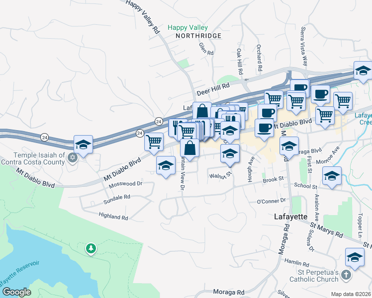 map of restaurants, bars, coffee shops, grocery stores, and more near 954 Mountain View Drive in Lafayette