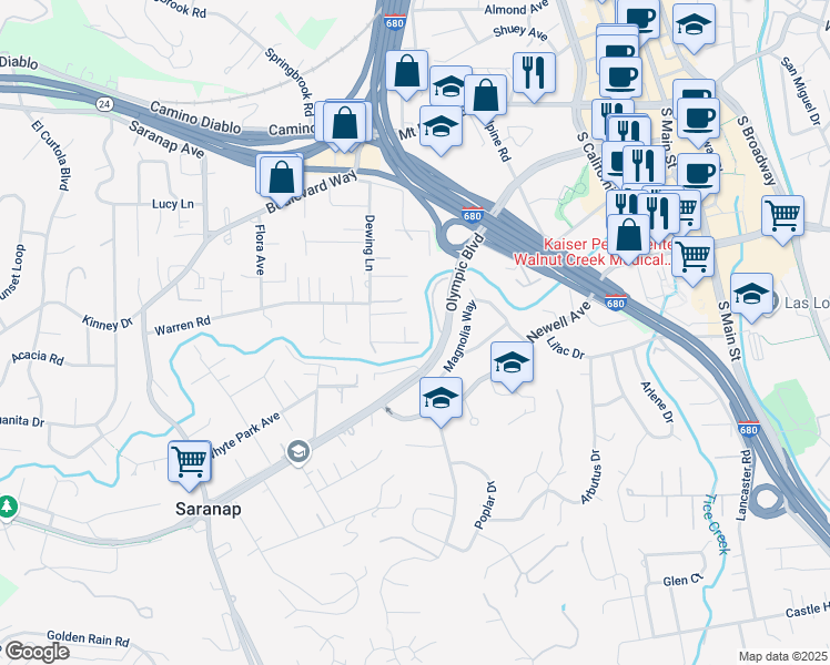 map of restaurants, bars, coffee shops, grocery stores, and more near 83 Acorn Court in Walnut Creek