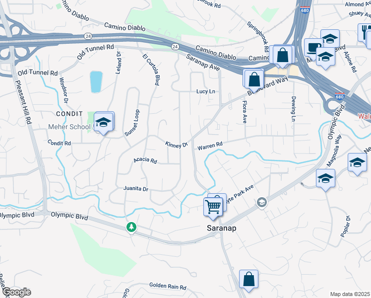 map of restaurants, bars, coffee shops, grocery stores, and more near 1407 Boulevard Way in Walnut Creek