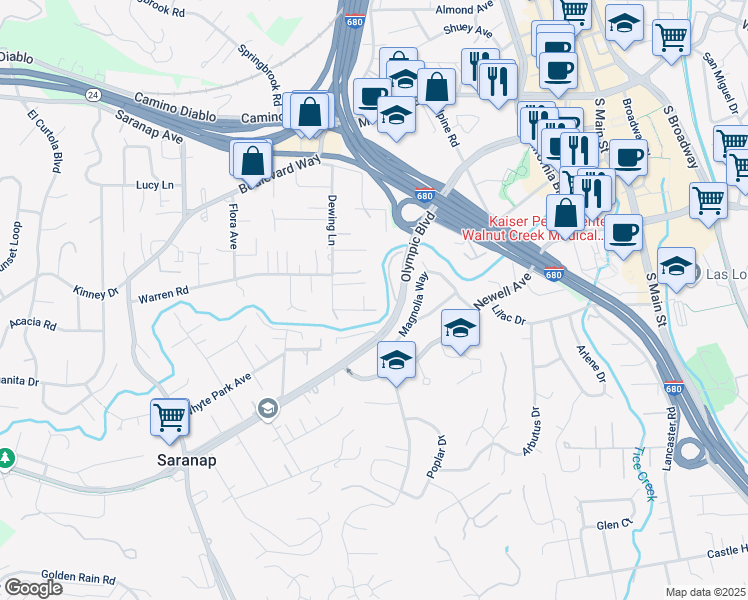 map of restaurants, bars, coffee shops, grocery stores, and more near 83 Acorn Court in Walnut Creek