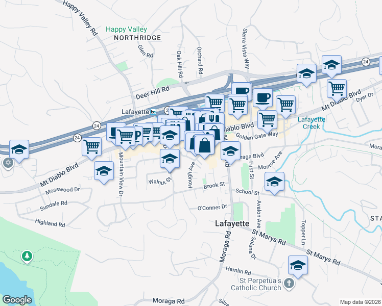 map of restaurants, bars, coffee shops, grocery stores, and more near 210 Lafayette Circle in Lafayette