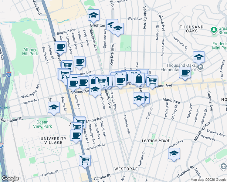 map of restaurants, bars, coffee shops, grocery stores, and more near 910 Pomona Avenue in Albany