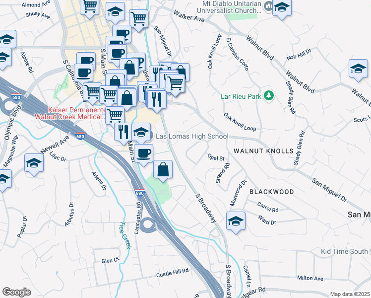 map of restaurants, bars, coffee shops, grocery stores, and more near 80 Santa Rita Drive in Walnut Creek