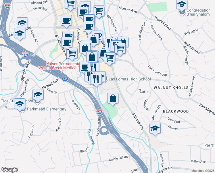 map of restaurants, bars, coffee shops, grocery stores, and more near 1460 South Main Street in Walnut Creek