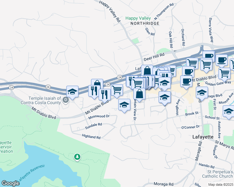 map of restaurants, bars, coffee shops, grocery stores, and more near in Lafayette