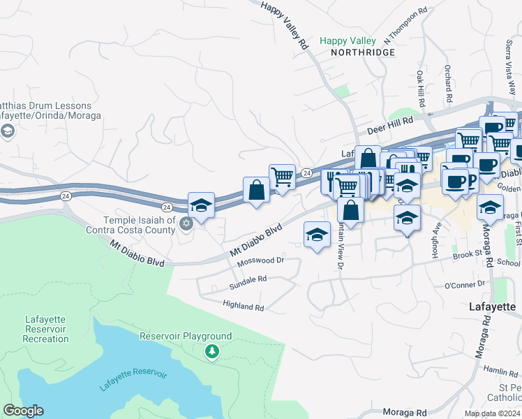 map of restaurants, bars, coffee shops, grocery stores, and more near 95 Woodbury Highlands Court in Lafayette
