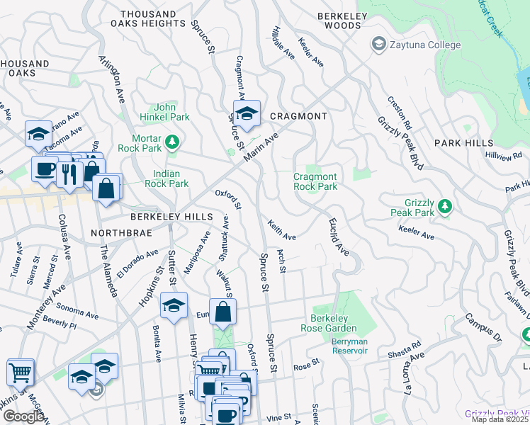 map of restaurants, bars, coffee shops, grocery stores, and more near 1001 Keith Avenue in Berkeley