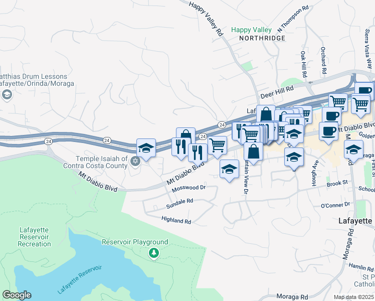 map of restaurants, bars, coffee shops, grocery stores, and more near 95 Woodbury Highlands Court in Lafayette