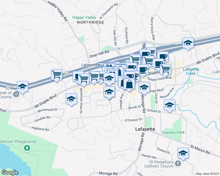 map of restaurants, bars, coffee shops, grocery stores, and more near 241 Lafayette Circle in Lafayette