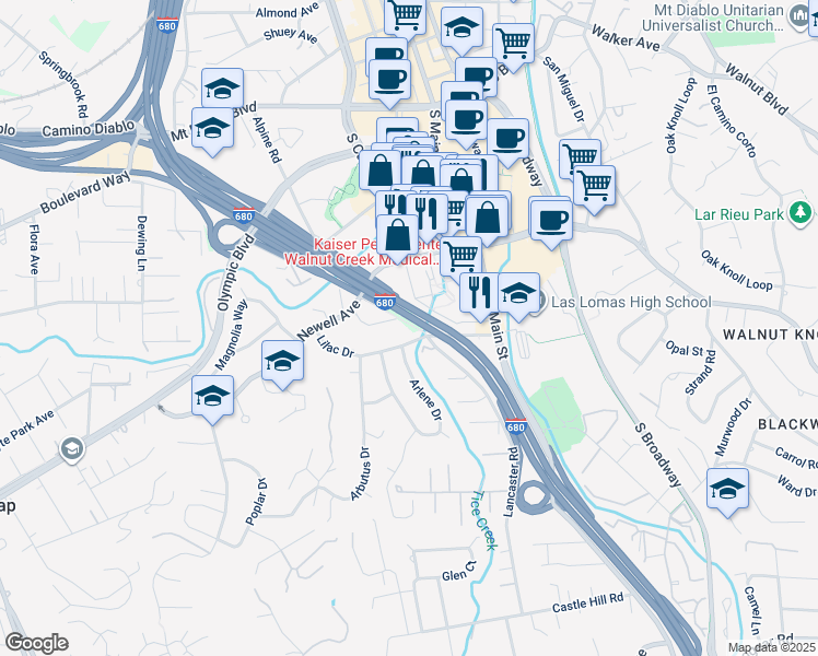 map of restaurants, bars, coffee shops, grocery stores, and more near 1660 Lilac Drive in Walnut Creek