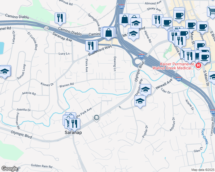 map of restaurants, bars, coffee shops, grocery stores, and more near 161 Camino Posada in Walnut Creek