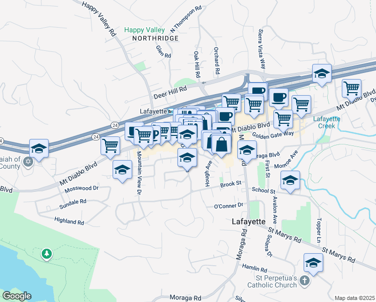 map of restaurants, bars, coffee shops, grocery stores, and more near 241 Lafayette Circle in Lafayette