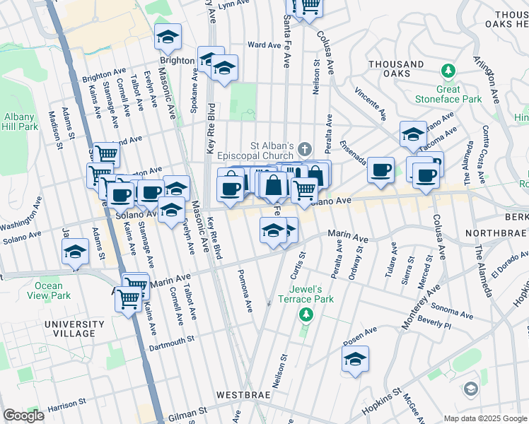 map of restaurants, bars, coffee shops, grocery stores, and more near 910 Santa Fe Avenue in Albany