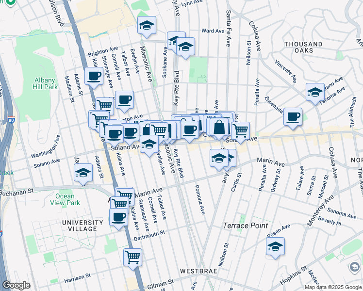 map of restaurants, bars, coffee shops, grocery stores, and more near 910 Pomona Avenue in Albany