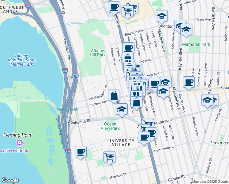 map of restaurants, bars, coffee shops, grocery stores, and more near 845 Cerrito Street in Albany
