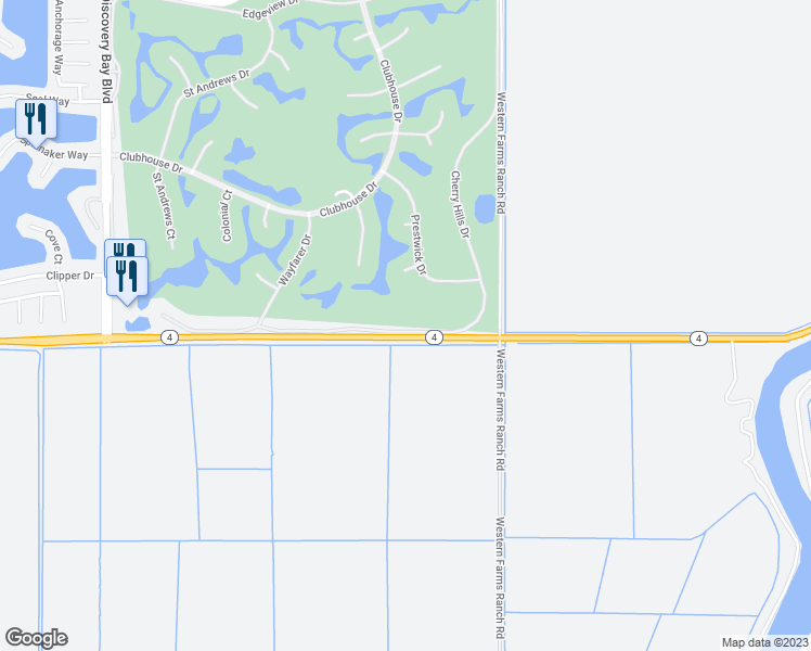 map of restaurants, bars, coffee shops, grocery stores, and more near 2627 Cherry Hills Drive in Discovery Bay