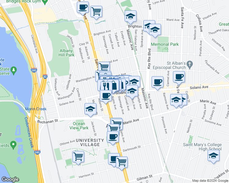 map of restaurants, bars, coffee shops, grocery stores, and more near 1145 Solano Avenue in Albany