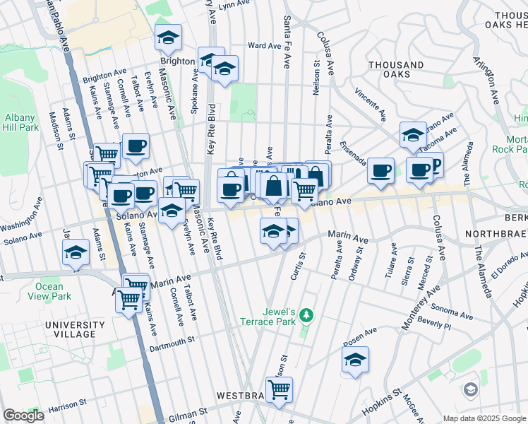 map of restaurants, bars, coffee shops, grocery stores, and more near 1400 Solano Avenue in Albany