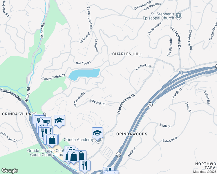 map of restaurants, bars, coffee shops, grocery stores, and more near 15 Cascade Lane in Orinda