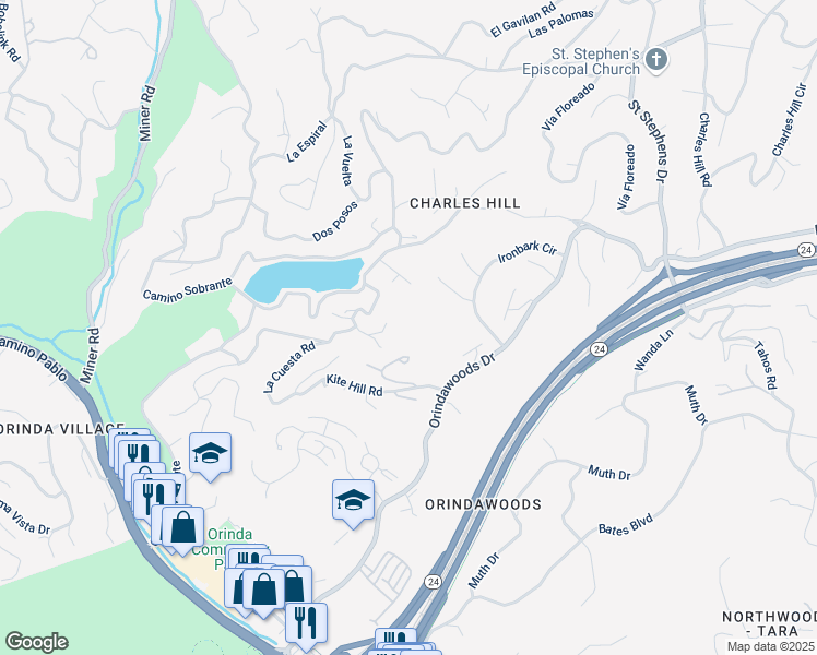 map of restaurants, bars, coffee shops, grocery stores, and more near 15 Cascade Lane in Orinda