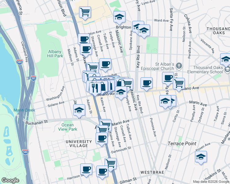 map of restaurants, bars, coffee shops, grocery stores, and more near 1205 Solano Avenue in Albany