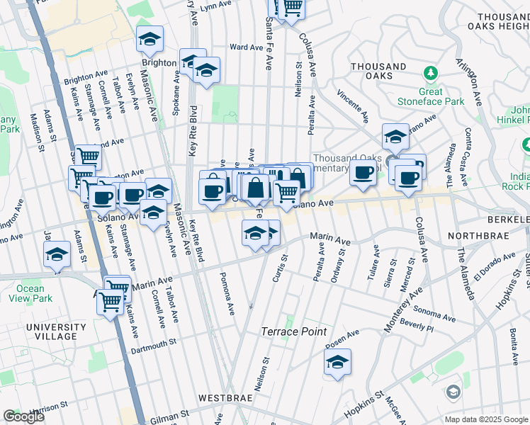 map of restaurants, bars, coffee shops, grocery stores, and more near 910 Santa Fe Avenue in Albany