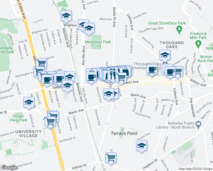 map of restaurants, bars, coffee shops, grocery stores, and more near 910 Santa Fe Avenue in Albany