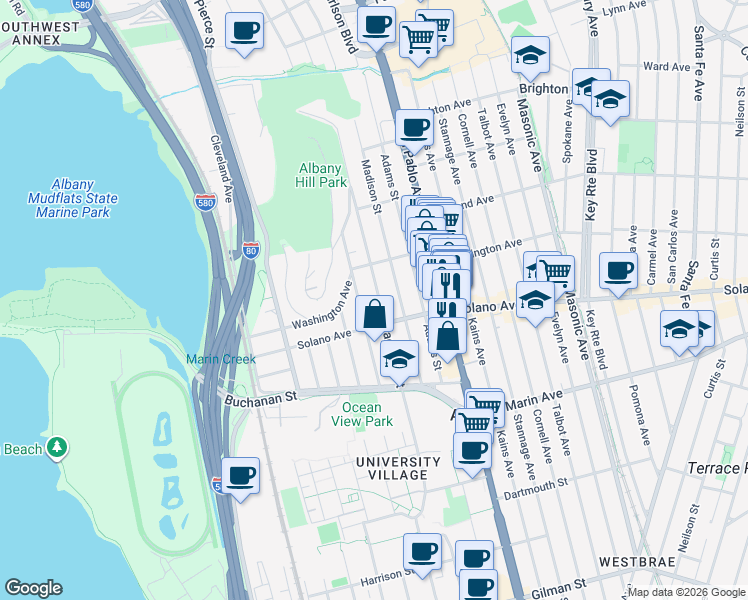 map of restaurants, bars, coffee shops, grocery stores, and more near 845 Cerrito Street in Albany