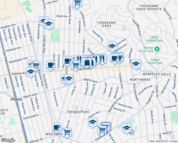 map of restaurants, bars, coffee shops, grocery stores, and more near 906 Ordway Street in Albany