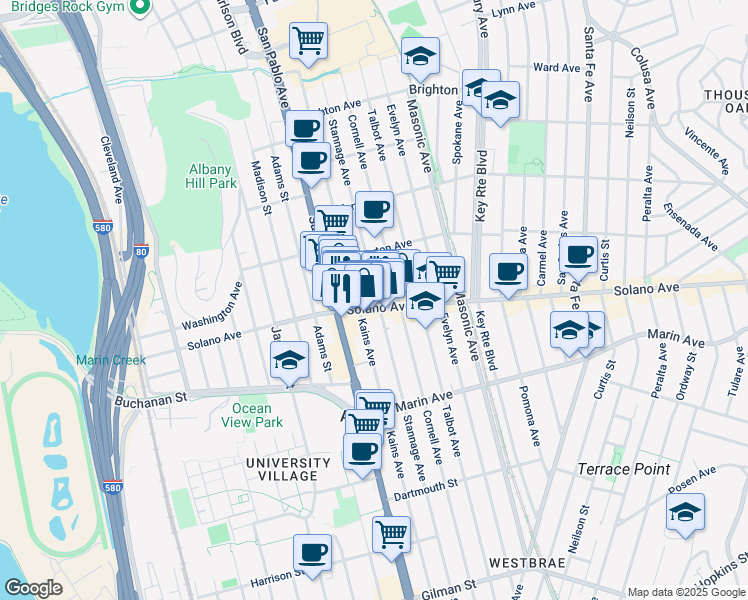 map of restaurants, bars, coffee shops, grocery stores, and more near 848 Stannage Avenue in Albany