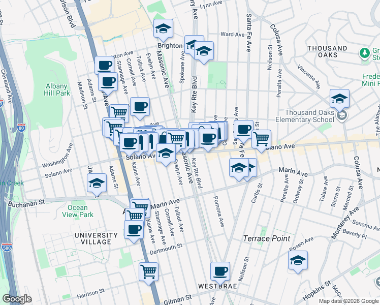 map of restaurants, bars, coffee shops, grocery stores, and more near 910 Masonic Avenue in Albany