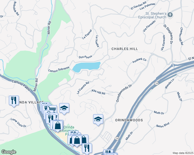 map of restaurants, bars, coffee shops, grocery stores, and more near 30 La Cuesta Road in Orinda