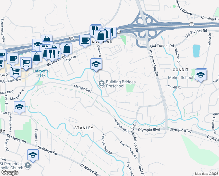 map of restaurants, bars, coffee shops, grocery stores, and more near 919 Janet Lane in Lafayette
