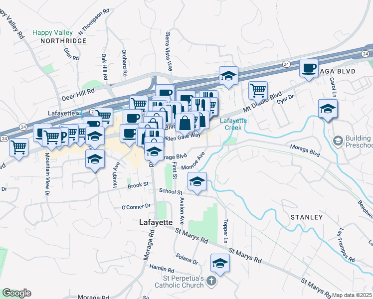 map of restaurants, bars, coffee shops, grocery stores, and more near 3476 Monroe Avenue in Lafayette