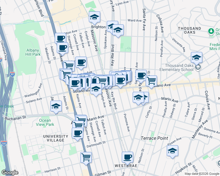 map of restaurants, bars, coffee shops, grocery stores, and more near 910 Masonic Avenue in Albany