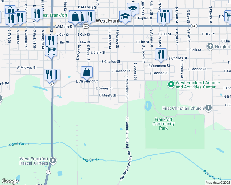 map of restaurants, bars, coffee shops, grocery stores, and more near 905-907 Monroe Drive in West Frankfort