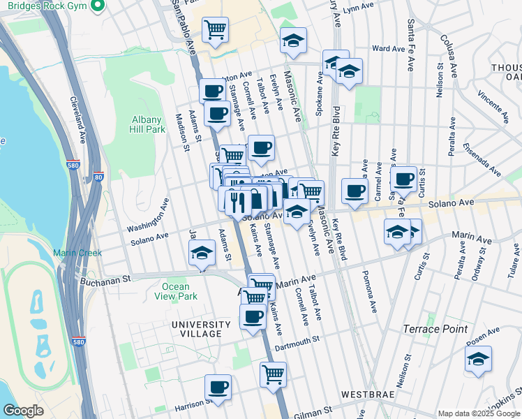 map of restaurants, bars, coffee shops, grocery stores, and more near 848 Stannage Avenue in Albany