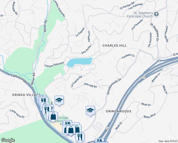 map of restaurants, bars, coffee shops, grocery stores, and more near 30 La Cuesta Road in Orinda