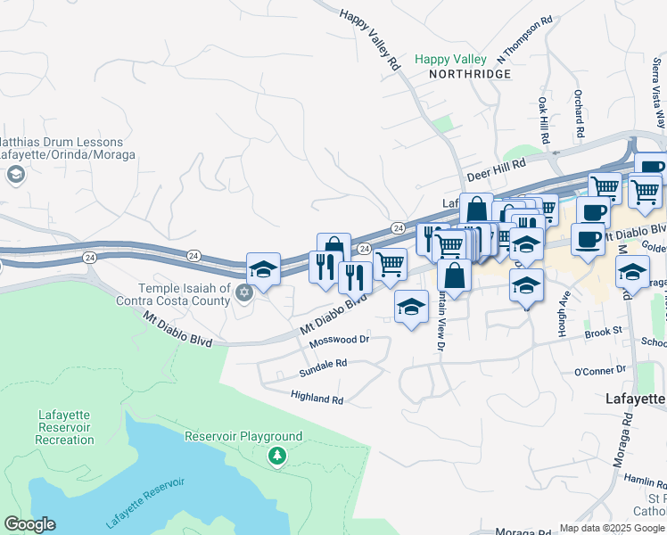 map of restaurants, bars, coffee shops, grocery stores, and more near 80 Woodbury Highlands Place in Lafayette