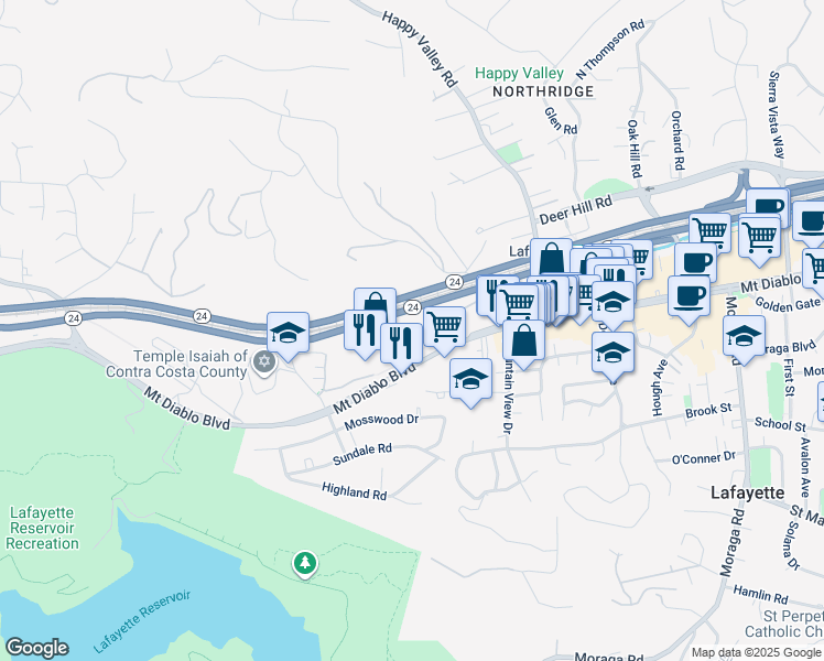 map of restaurants, bars, coffee shops, grocery stores, and more near 60 Woodbury Highlands Court in Lafayette
