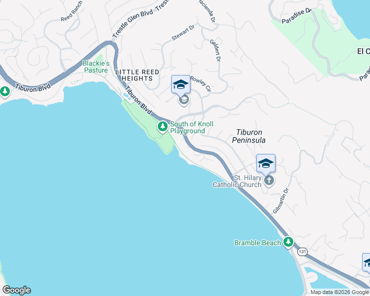 map of restaurants, bars, coffee shops, grocery stores, and more near 20 Bayshore Terrace in Tiburon
