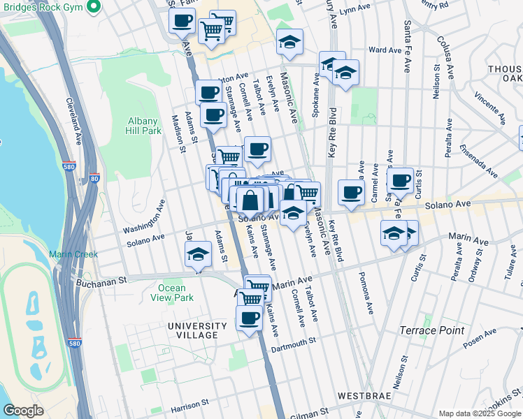 map of restaurants, bars, coffee shops, grocery stores, and more near 845 Stannage Avenue in Albany