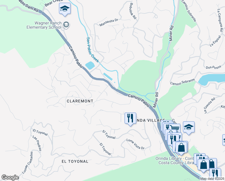 map of restaurants, bars, coffee shops, grocery stores, and more near 183 Camino Pablo in Orinda