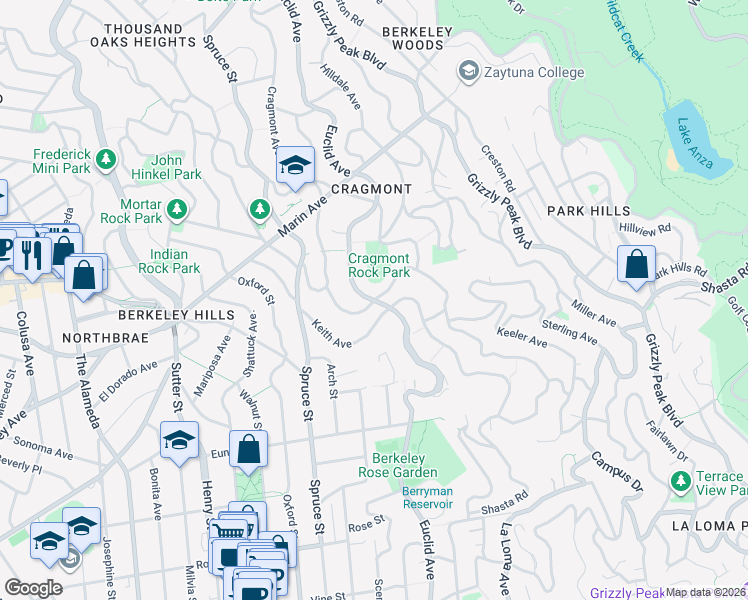 map of restaurants, bars, coffee shops, grocery stores, and more near Euclid Avenue & Cragmont Avenue in Berkeley