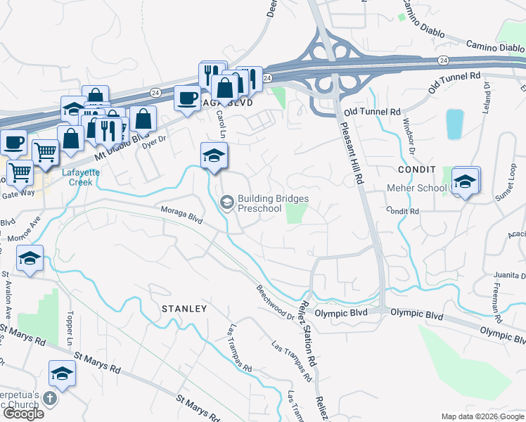 map of restaurants, bars, coffee shops, grocery stores, and more near 928 Janet Lane in Lafayette