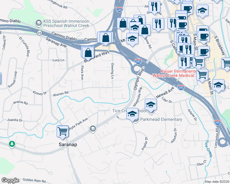 map of restaurants, bars, coffee shops, grocery stores, and more near 1381 Dewing Lane in Walnut Creek