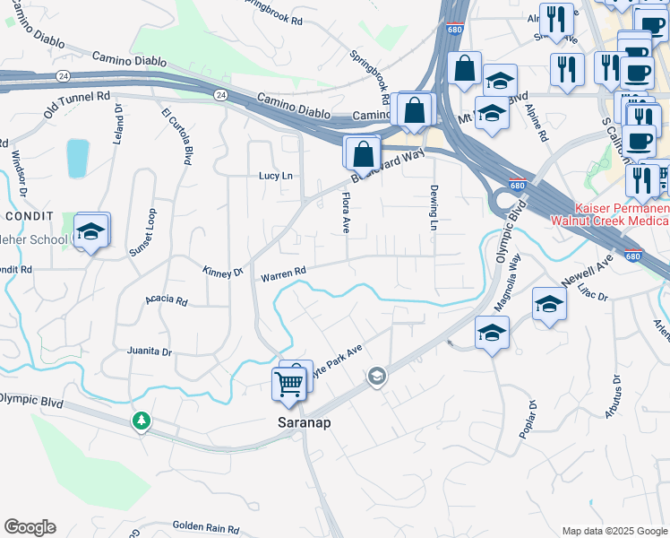 map of restaurants, bars, coffee shops, grocery stores, and more near 173 Flora Avenue in Walnut Creek