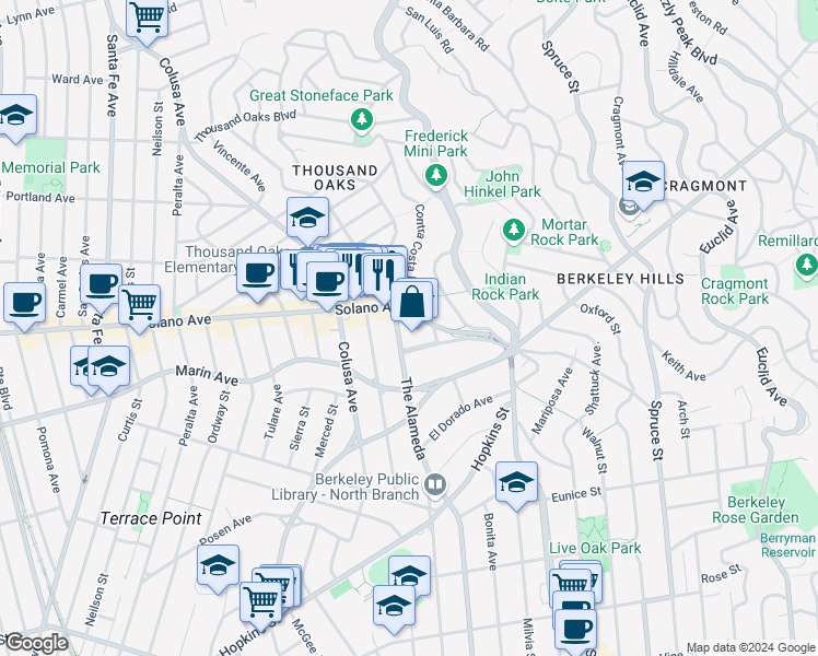 map of restaurants, bars, coffee shops, grocery stores, and more near 899 The Alameda in Berkeley