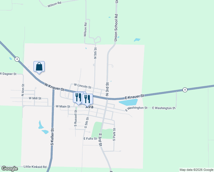 map of restaurants, bars, coffee shops, grocery stores, and more near 416 North 3rd Street in Ava